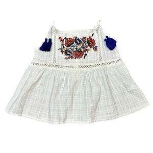Lanidor Kids White Embroidered Sleeveless Top with Blue Tassels